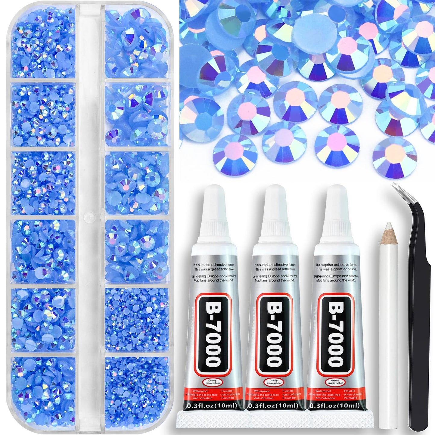 B7000 Clear Glue with 4000PCS Light Blue AB Rhinestones for Crafts Clothing Fabric Shoes, Glue Fix Sky Blue Flatback Gems for Nails Face Jewelry, Mixed 5 Sizes Diamond Gemstones Bejeweled Kit