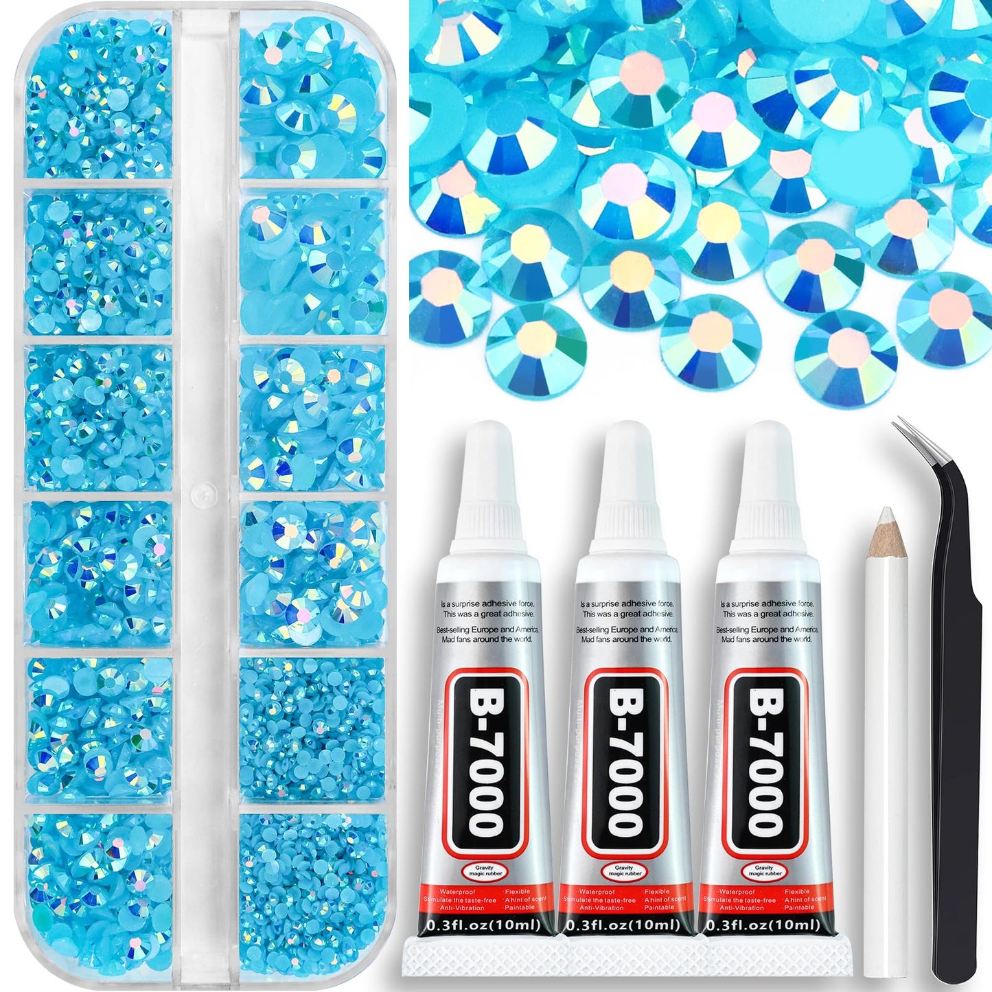 B7000 Clear Glue with 4000PCS Light Blue AB Rhinestones for Crafts Clothing Fabric Shoes, Glue Fix Sky Blue Flatback Gems for Nails Face Jewelry, Mixed 5 Sizes Diamond Gemstones Bejeweled Kit