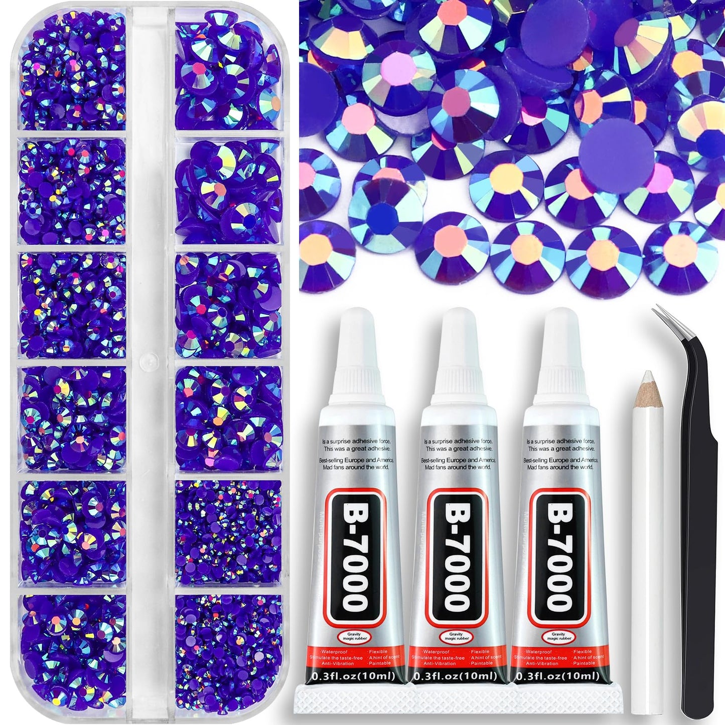 B7000 Clear Glue with 4000PCS Light Blue AB Rhinestones for Crafts Clothing Fabric Shoes, Glue Fix Sky Blue Flatback Gems for Nails Face Jewelry, Mixed 5 Sizes Diamond Gemstones Bejeweled Kit