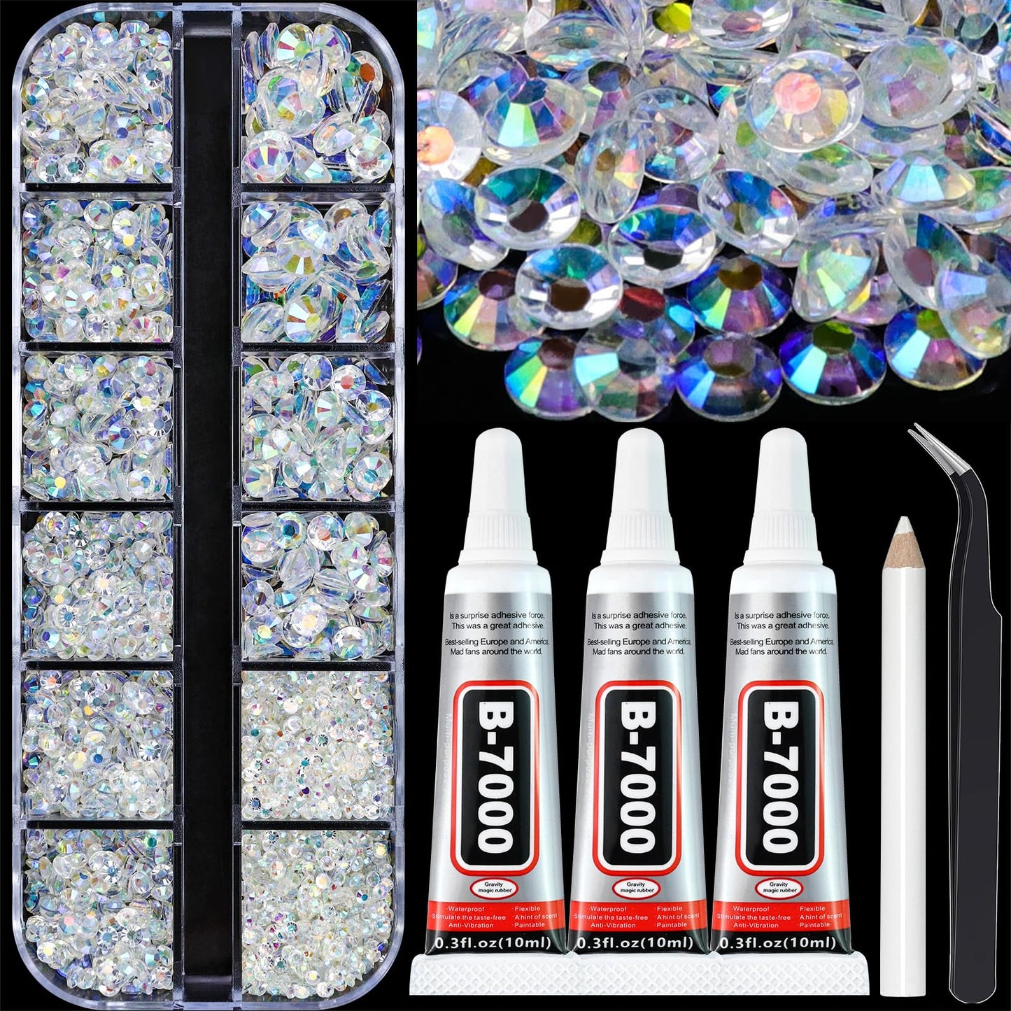 B7000 Clear Glue with 4000PCS Light Blue AB Rhinestones for Crafts Clothing Fabric Shoes, Glue Fix Sky Blue Flatback Gems for Nails Face Jewelry, Mixed 5 Sizes Diamond Gemstones Bejeweled Kit