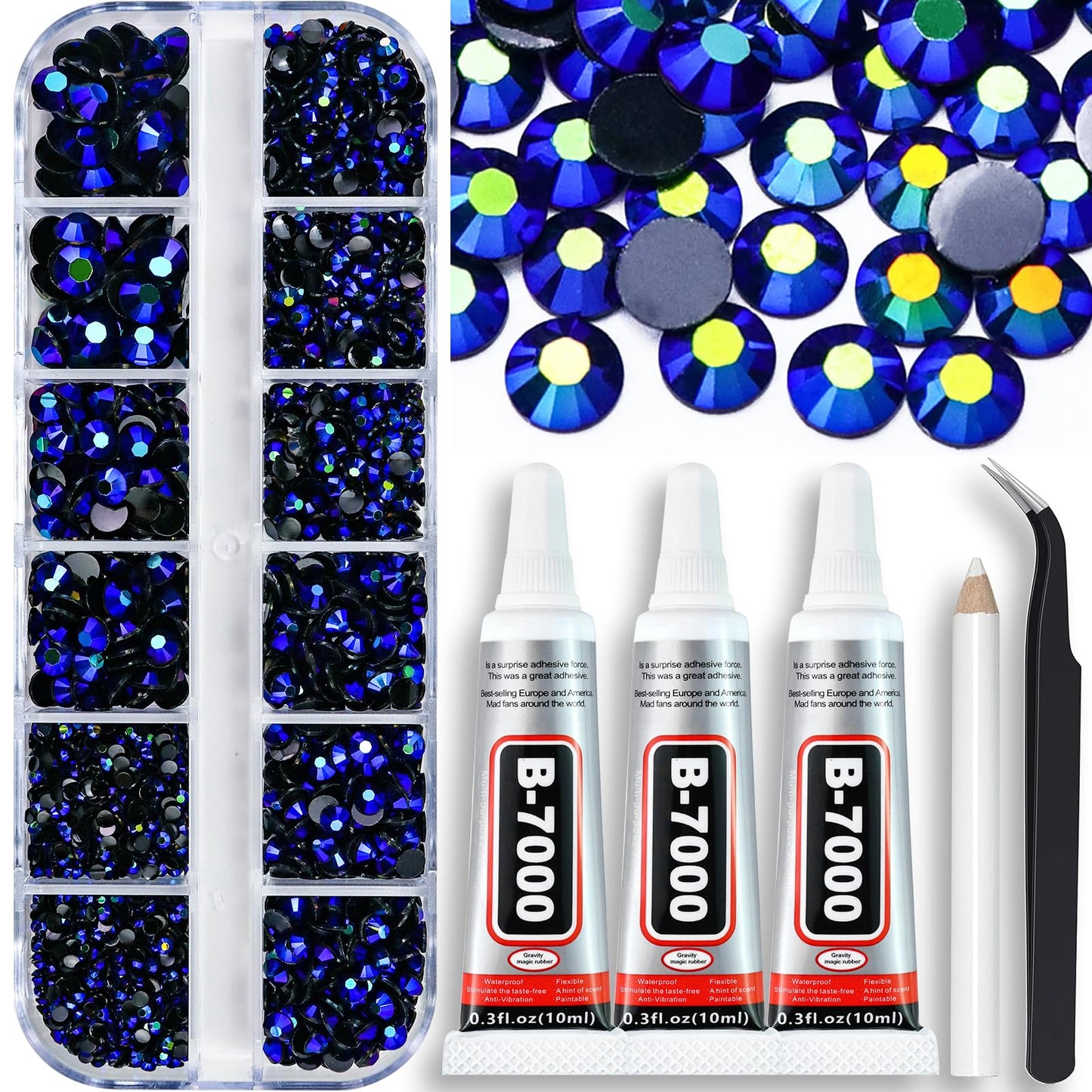 B7000 Clear Glue with 4000PCS Light Blue AB Rhinestones for Crafts Clothing Fabric Shoes, Glue Fix Sky Blue Flatback Gems for Nails Face Jewelry, Mixed 5 Sizes Diamond Gemstones Bejeweled Kit