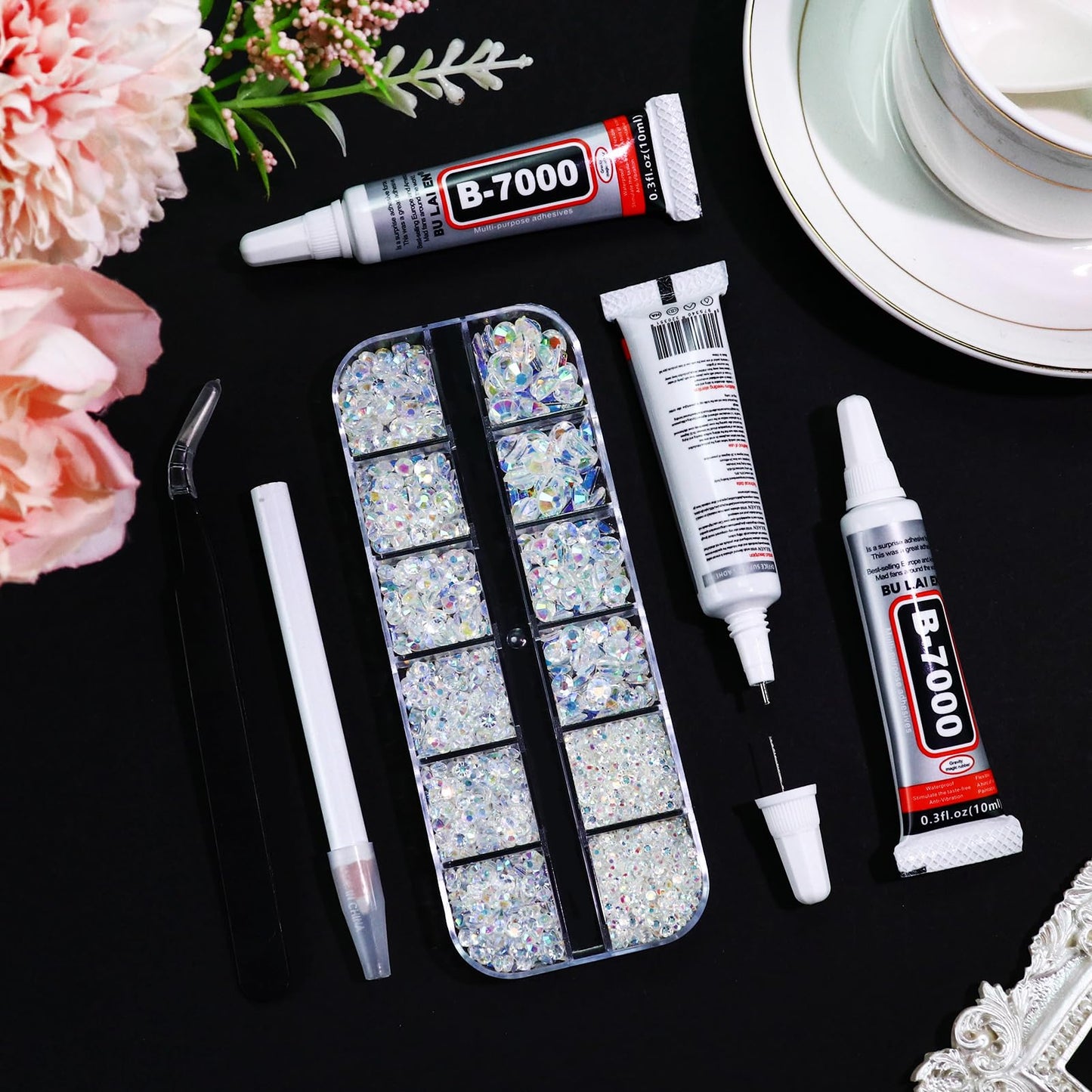 B7000 Clear Glue with 4000PCS Light Blue AB Rhinestones for Crafts Clothing Fabric Shoes, Glue Fix Sky Blue Flatback Gems for Nails Face Jewelry, Mixed 5 Sizes Diamond Gemstones Bejeweled Kit