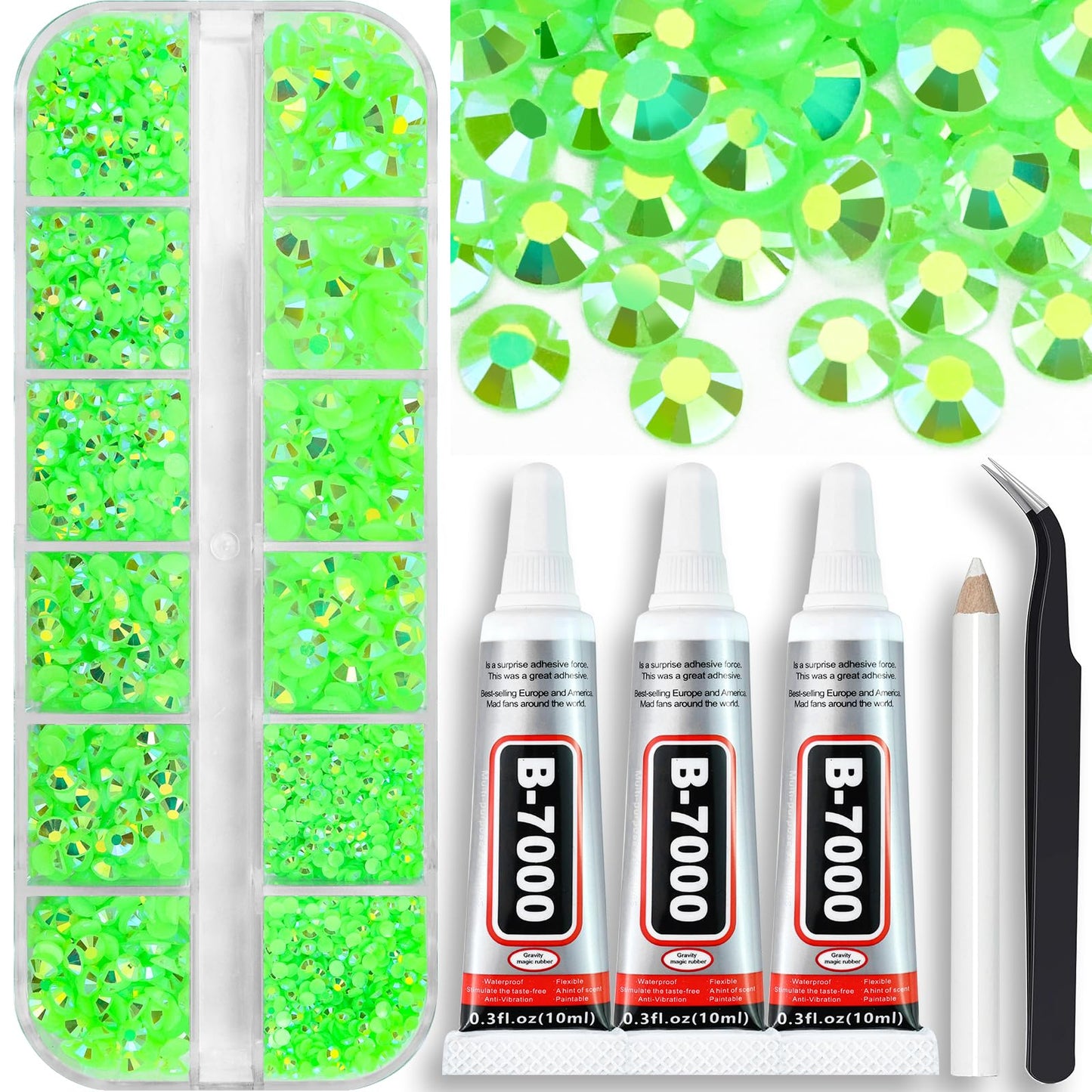 B7000 Clear Glue with 4000PCS Light Blue AB Rhinestones for Crafts Clothing Fabric Shoes, Glue Fix Sky Blue Flatback Gems for Nails Face Jewelry, Mixed 5 Sizes Diamond Gemstones Bejeweled Kit