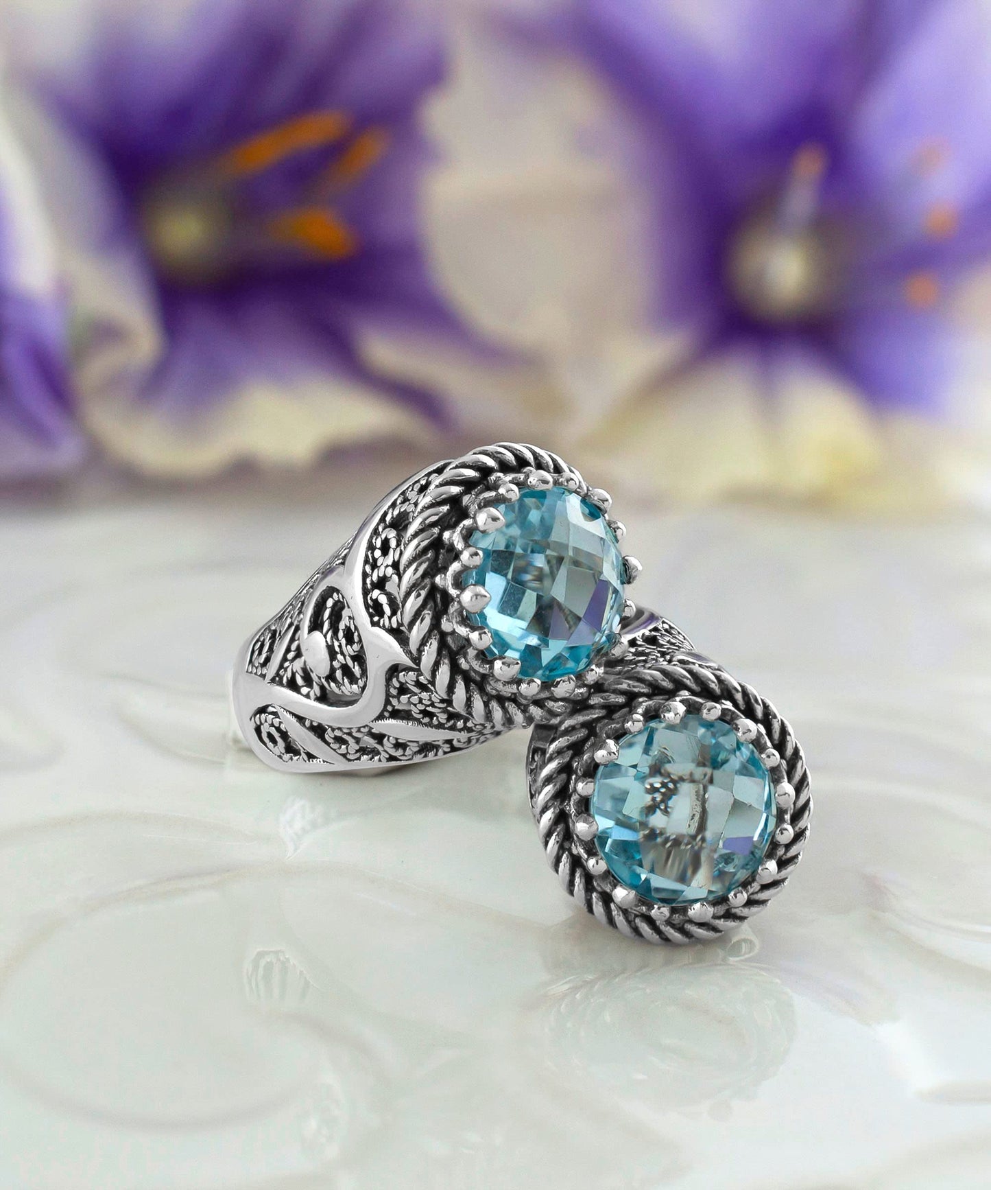 925 Sterling Silver Filigree Art Lace Embroidery Women Double Stone Bypass Cocktail Ring with Amethyst, Citrine, Blue Topaz, Blue Quartz Gemstones, Luxurious Gift Packed