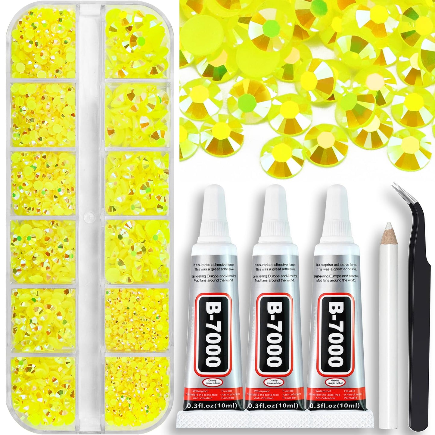 B7000 Clear Glue with 4000PCS Light Blue AB Rhinestones for Crafts Clothing Fabric Shoes, Glue Fix Sky Blue Flatback Gems for Nails Face Jewelry, Mixed 5 Sizes Diamond Gemstones Bejeweled Kit