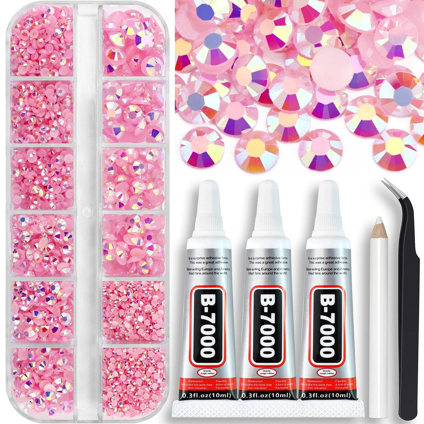 B7000 Clear Glue with 4000PCS Light Blue AB Rhinestones for Crafts Clothing Fabric Shoes, Glue Fix Sky Blue Flatback Gems for Nails Face Jewelry, Mixed 5 Sizes Diamond Gemstones Bejeweled Kit