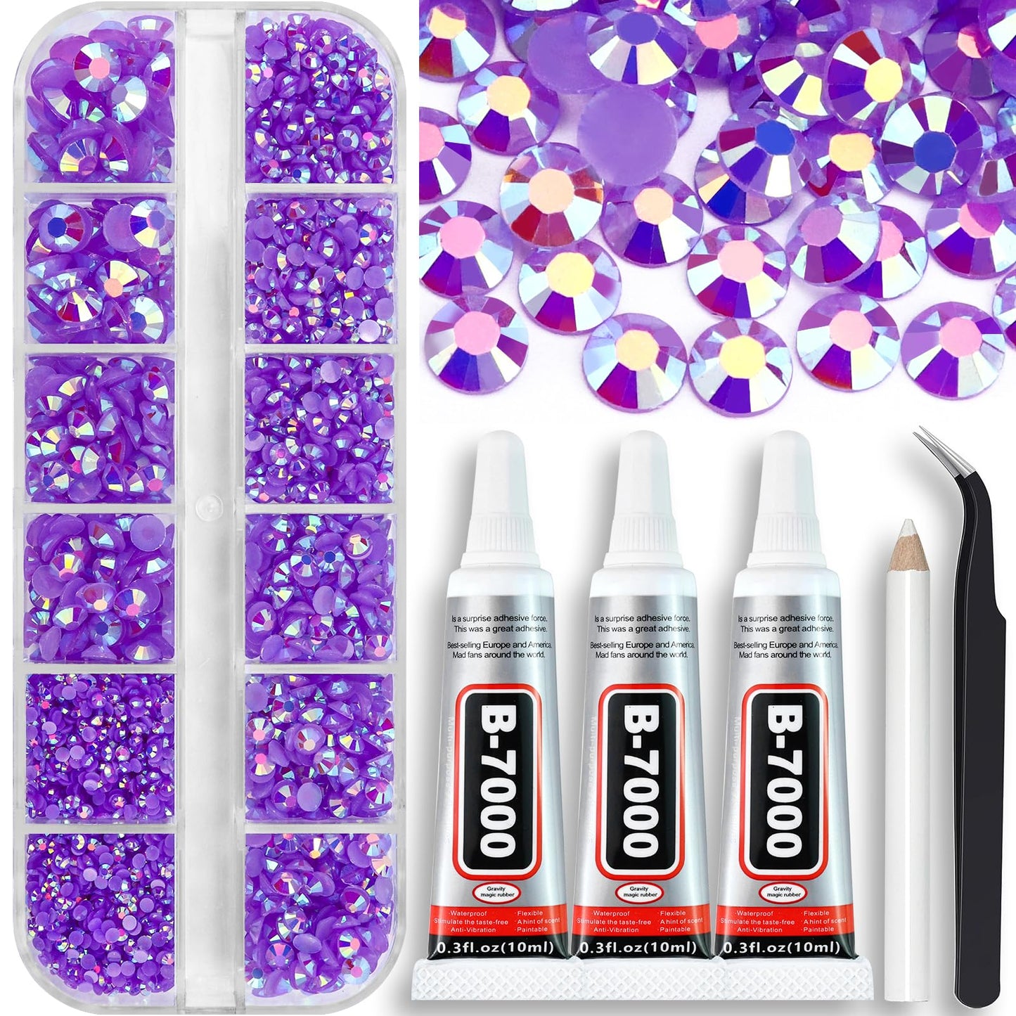 B7000 Clear Glue with 4000PCS Light Blue AB Rhinestones for Crafts Clothing Fabric Shoes, Glue Fix Sky Blue Flatback Gems for Nails Face Jewelry, Mixed 5 Sizes Diamond Gemstones Bejeweled Kit