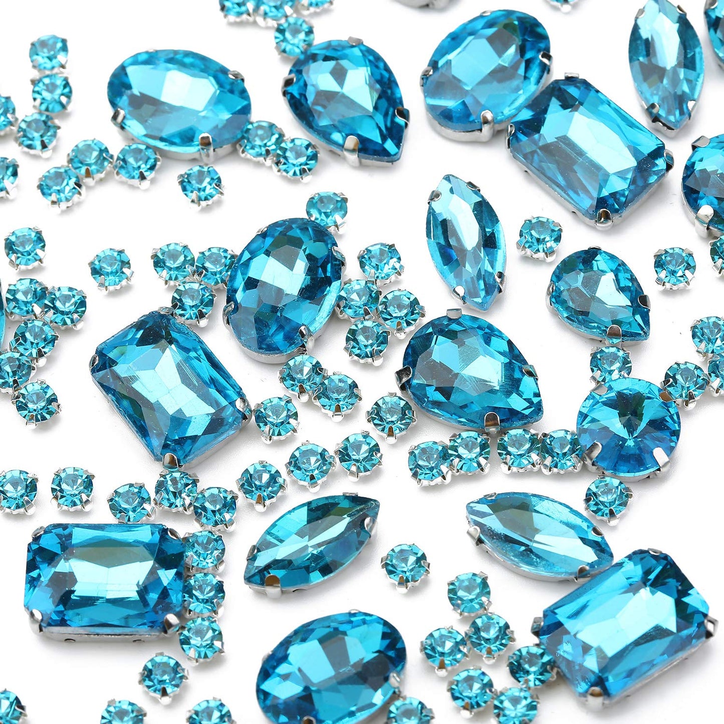 Choupee 130PCS Sew on Glass Rhinestone Blue,Sew On Rhinestone Metal Back Prong Setting Sewing Claw Rhinestone Mixed Shapes Sew On Glass Gems for Jewelry, Clothes, Costume, Shoes,Dress, Garments