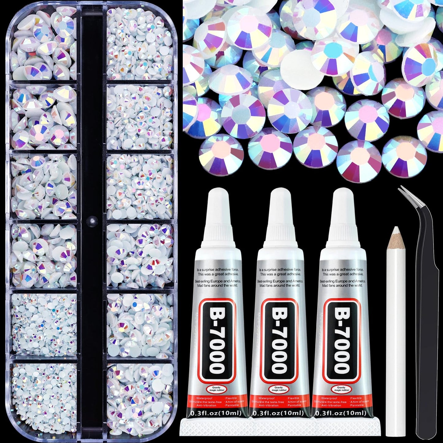 B7000 Clear Glue with 4000PCS Light Blue AB Rhinestones for Crafts Clothing Fabric Shoes, Glue Fix Sky Blue Flatback Gems for Nails Face Jewelry, Mixed 5 Sizes Diamond Gemstones Bejeweled Kit