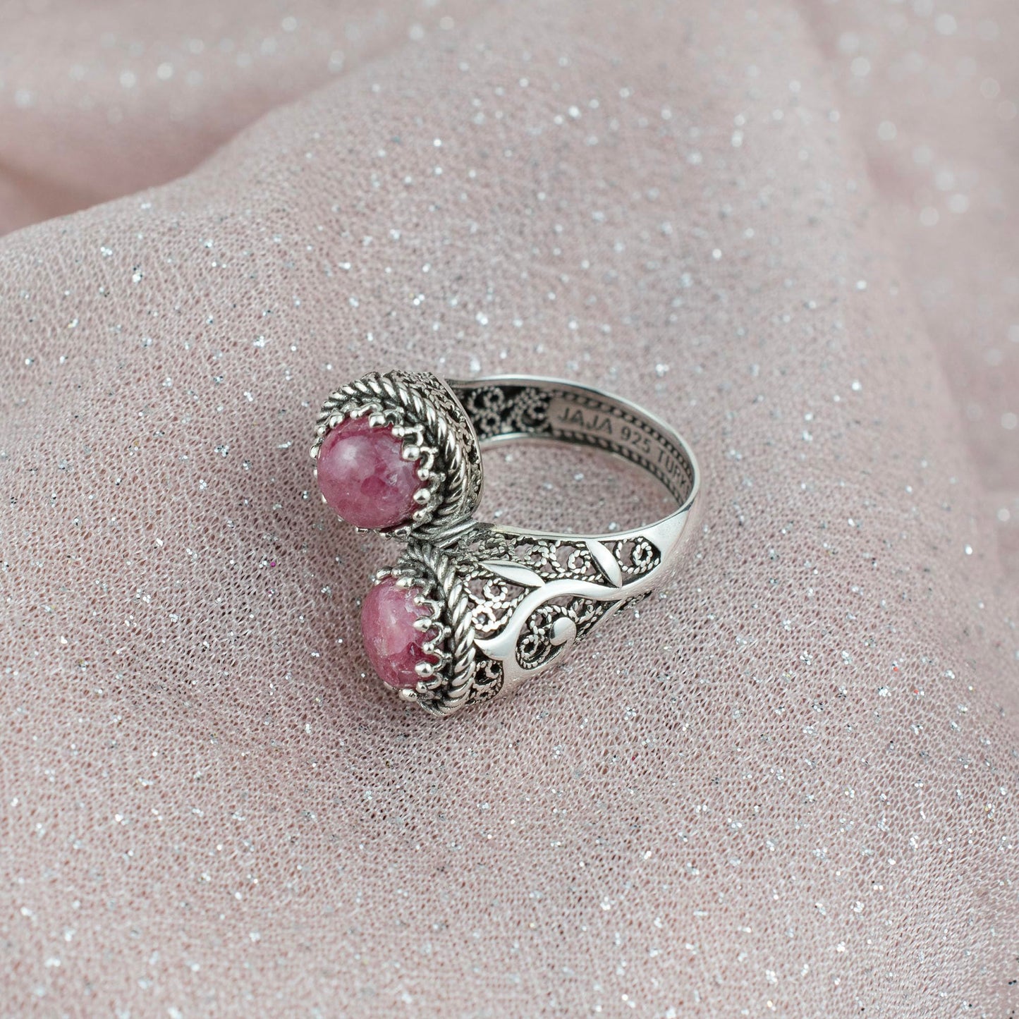925 Sterling Silver Filigree Art Lace Embroidery Women Double Stone Bypass Cocktail Ring with Amethyst, Citrine, Blue Topaz, Blue Quartz Gemstones, Luxurious Gift Packed