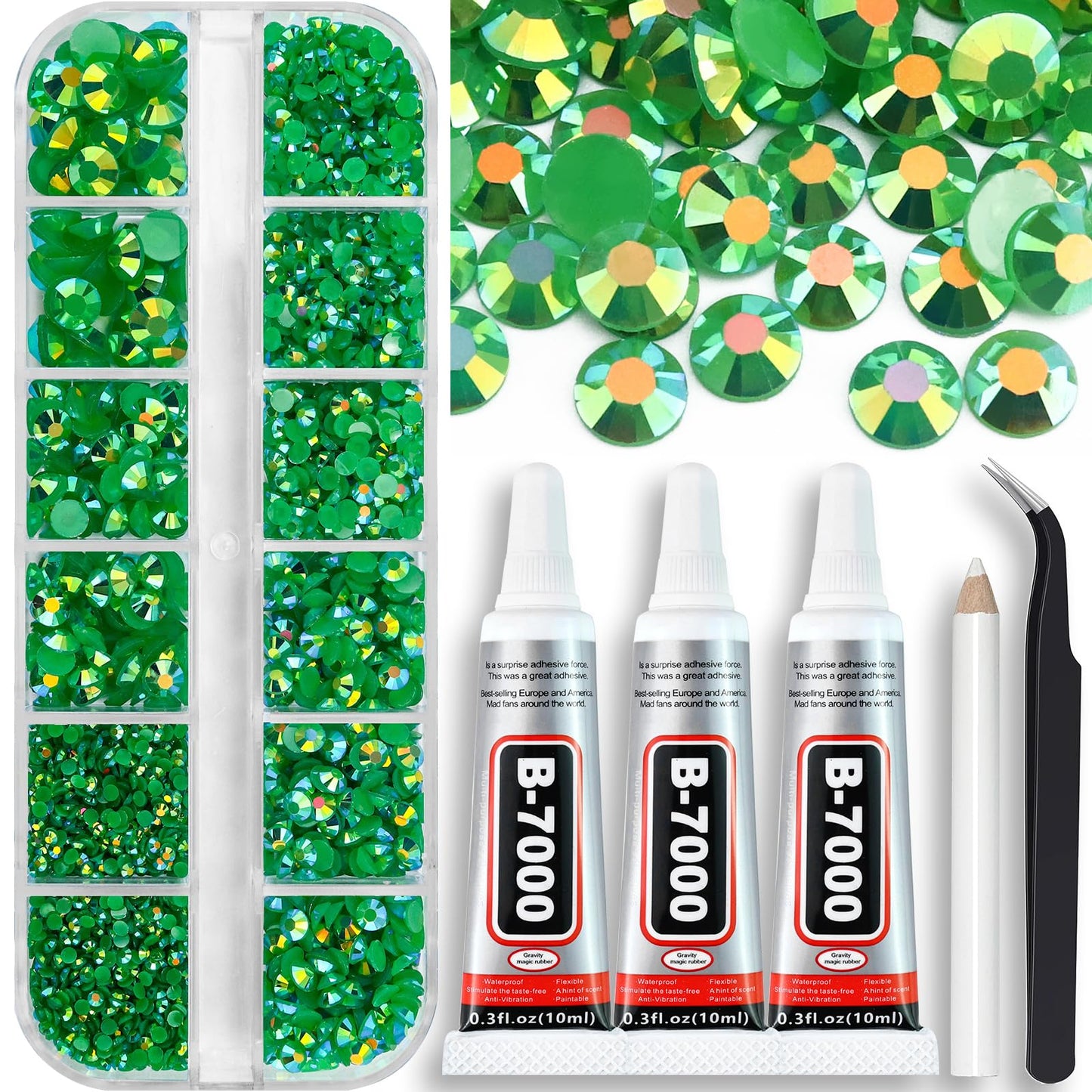B7000 Clear Glue with 4000PCS Light Blue AB Rhinestones for Crafts Clothing Fabric Shoes, Glue Fix Sky Blue Flatback Gems for Nails Face Jewelry, Mixed 5 Sizes Diamond Gemstones Bejeweled Kit