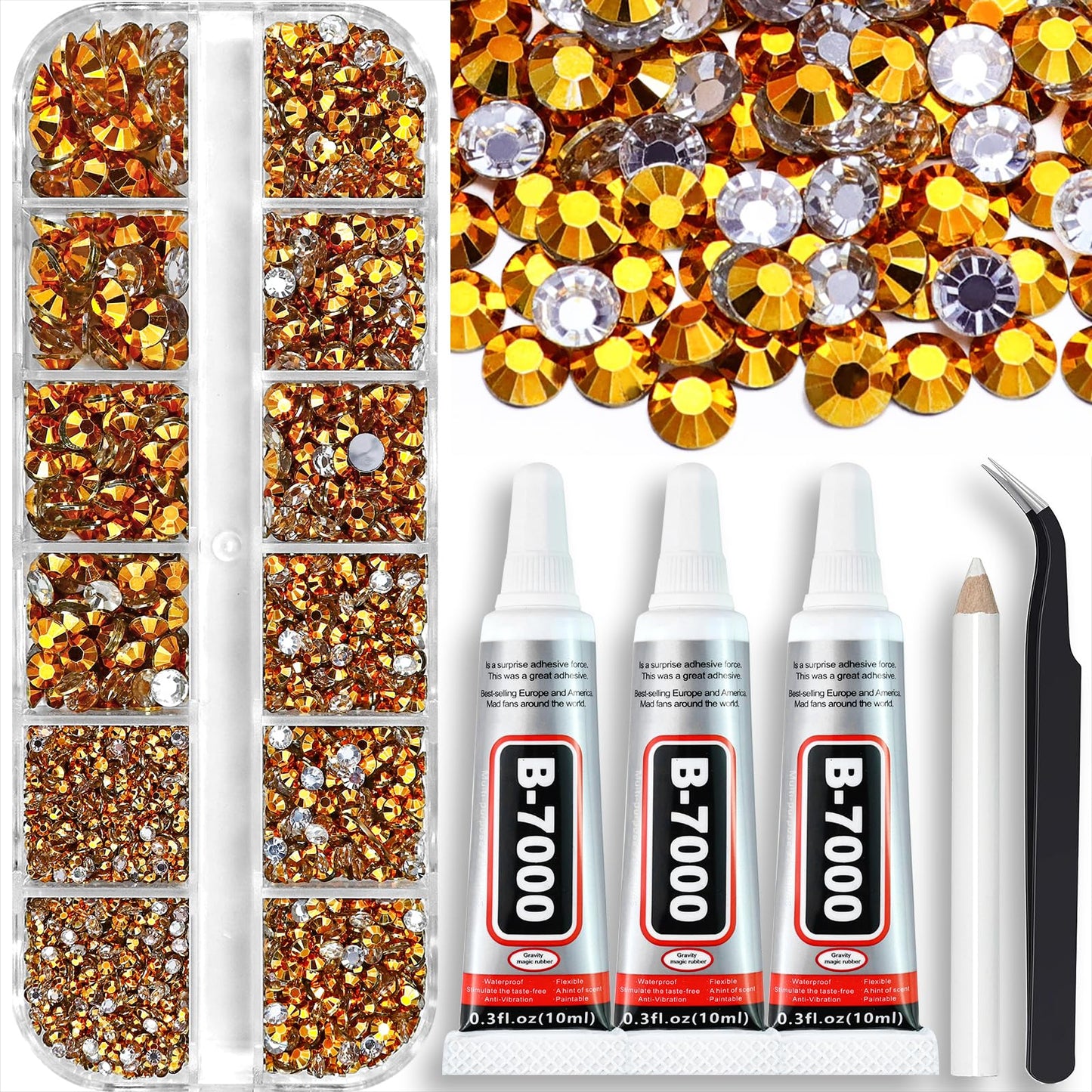 B7000 Clear Glue with 4000PCS Light Blue AB Rhinestones for Crafts Clothing Fabric Shoes, Glue Fix Sky Blue Flatback Gems for Nails Face Jewelry, Mixed 5 Sizes Diamond Gemstones Bejeweled Kit
