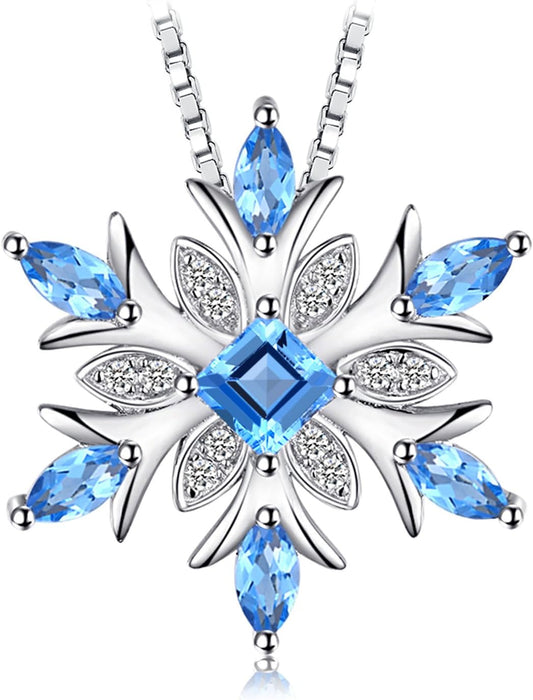 JewelryPalace Snowflake Flower Genuine Swiss Blue Topaz Necklace for Women, 14k Gold Plated 925 Sterling Silver Necklaces for Women, Gemstones Birthstone Statement Pendant Necklace, 18 Inch Box chain