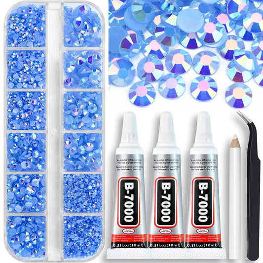 B7000 Clear Glue with 4000PCS Light Blue AB Rhinestones for Crafts Clothing Fabric Shoes, Glue Fix Sky Blue Flatback Gems for Nails Face Jewelry, Mixed 5 Sizes Diamond Gemstones Bejeweled Kit