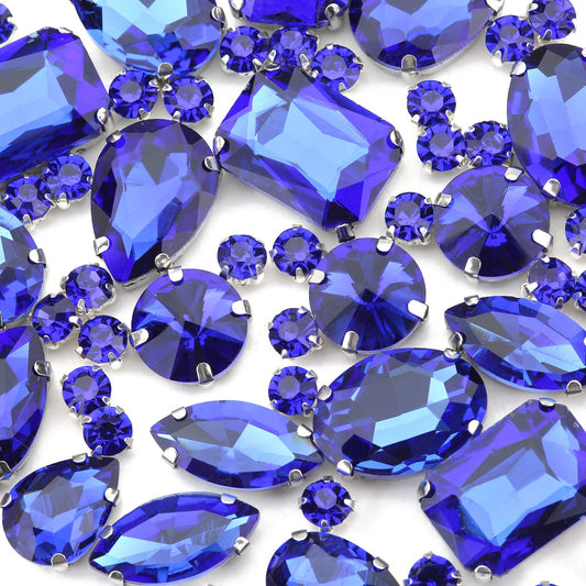 Choupee 130PCS Sew on Glass Rhinestone Blue,Sew On Rhinestone Metal Back Prong Setting Sewing Claw Rhinestone Mixed Shapes Sew On Glass Gems for Jewelry, Clothes, Costume, Shoes,Dress, Garments
